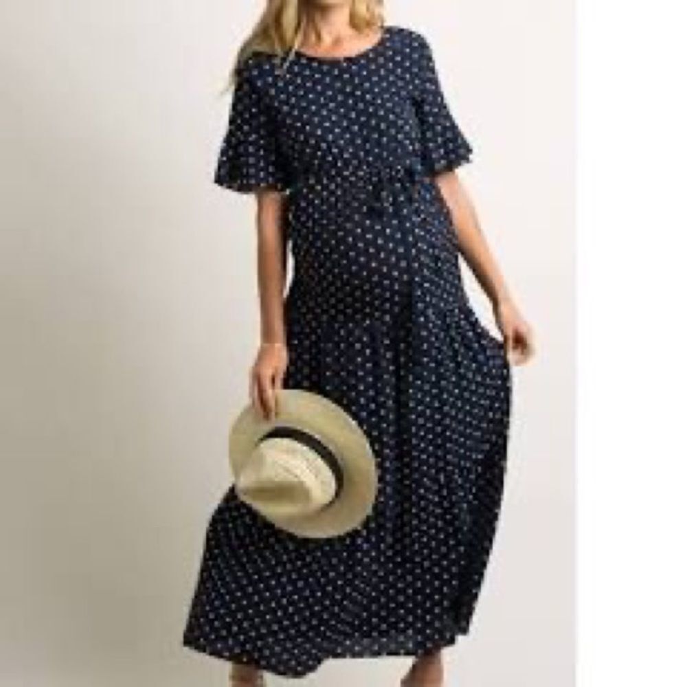 Orange Creek L Modest Navy Polka Dot Ruffle Hem Maxi Dress
